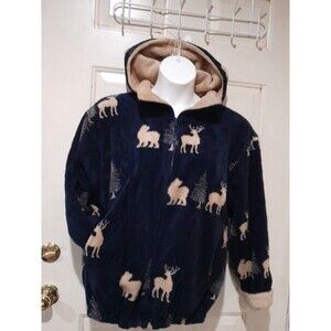 St John's  Bay Deer Nature Animal  Allover Print Fleece Hoodie Zip Up Sz S